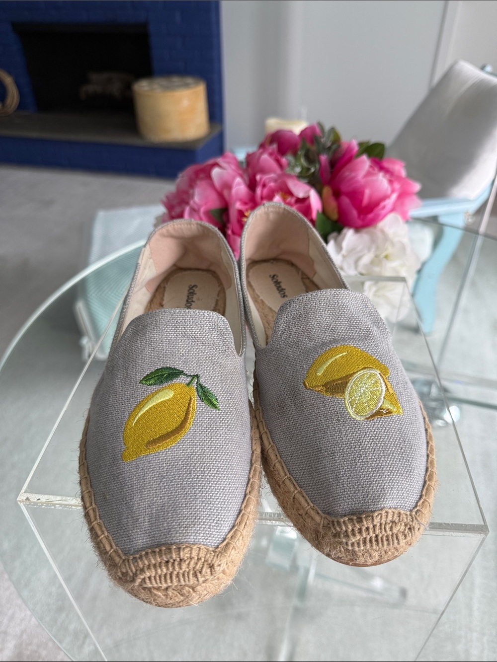 Soludos Embroidered Lemon Espadrilles Neutral Linen Euro Summer 9.5 Sandal Chic